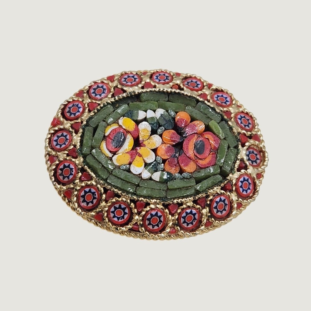 Vintage Italian Micro Mosaic Millefiori Floral Oval Brooch Victorian Style
